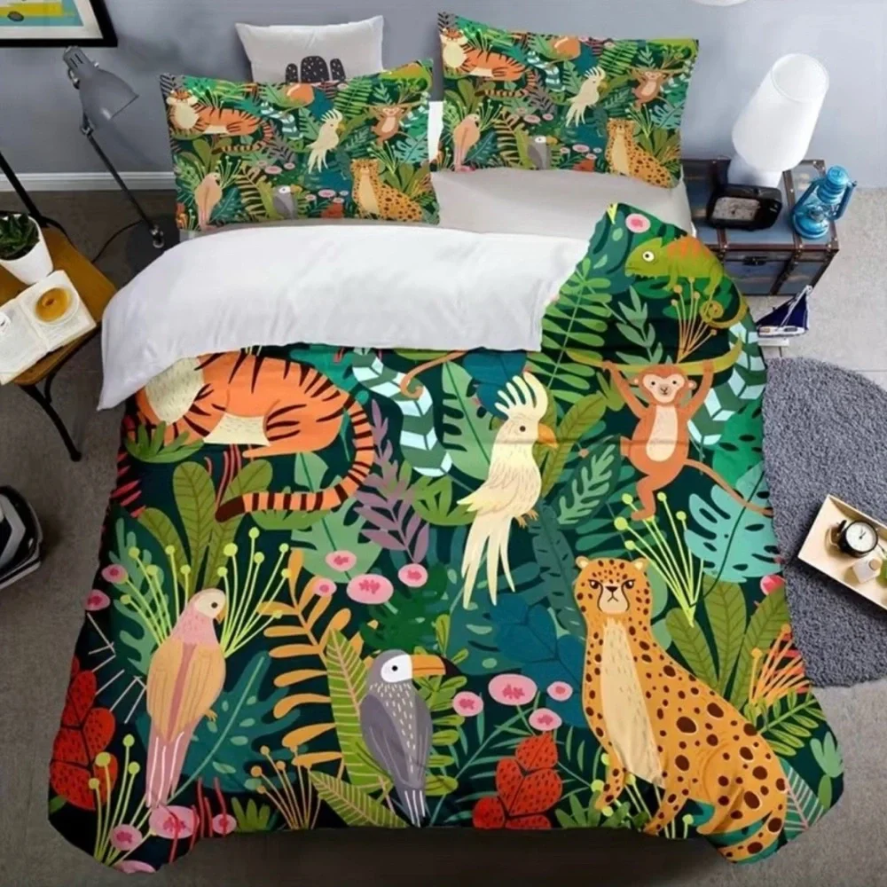 Kids Twin Size Duvet Cover Set Green Jungle Animals Print 1 Pillowcase NEW